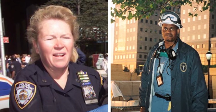 A two-photo collage. The first shows a close up of Officer Moira helping rescue people on the day of the 9/11 attacks. The second photo shows Darryl Warner, dressed in scrubs, looking exhausted as he stands outside.