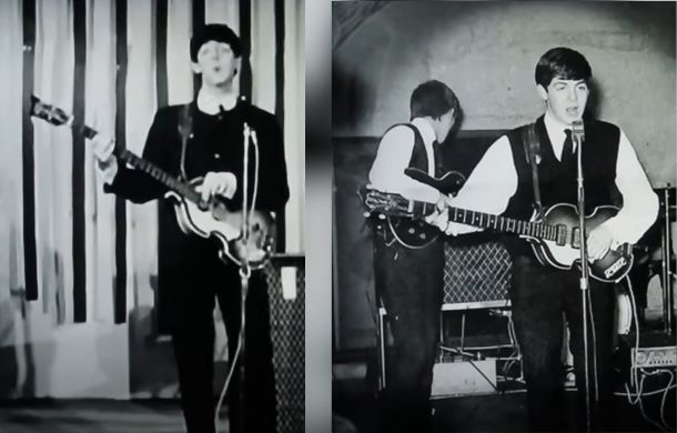 Images showing Paul McCartney playing his missing iconic Hofner violin Bass Guitar