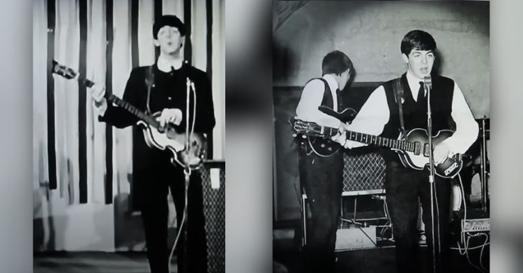 Image shows two pictures of Paul McCartney playing his iconic Hofner bass guitar during Beatles performances.