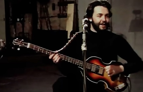 The last known photograph of Paul McCartney with his lost Hofner violin bass guitar.