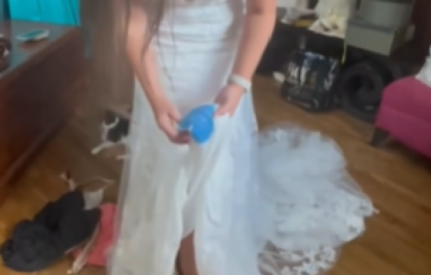 Image shows a bride lifting a white dress to reveal a blue, heart-shaped patch sewn into the inner liner.
