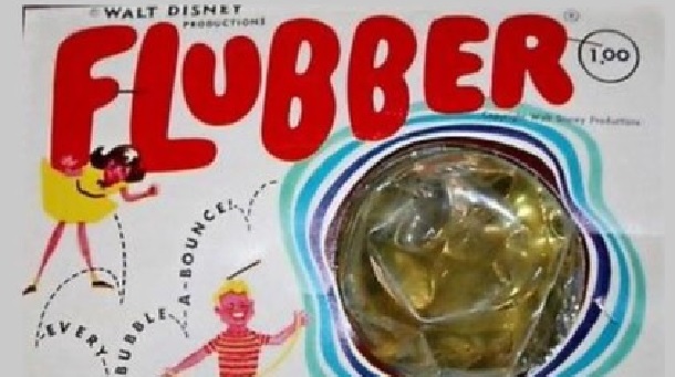 Image shows a partial package of Flubber, a dangerous toy sold in the 1960s.