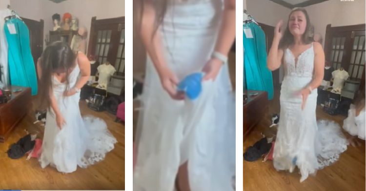 Image shows three images of a bride discovering a blue patch sewn into the inner liner of her wedding dress.