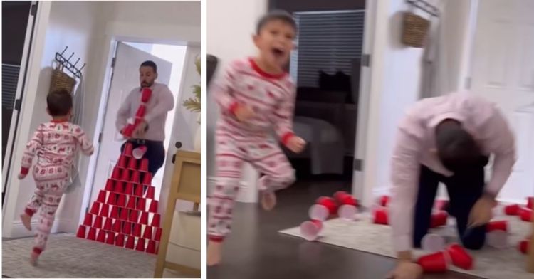 When kids prank dad the results are hilarious. Left frame shows a dad entering his home and running into a pyramid of red Solo cups. The right frame shows one of his three boys jumping for joy as dad is on his hands and knees amid the fallen pyramid.