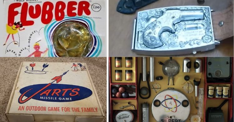 Image is a composite showing four dangerous toys (L-R), Flubber, Belt Buckle Derringer Cap Gun, Jarts, and the Atomic Energy Lab.