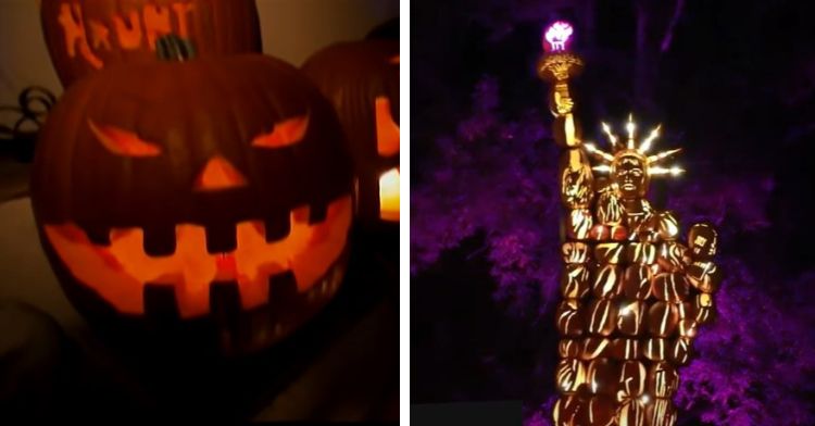 Left panel shows a typical jack o'lantern. Right panel shows a brightly lit Statue of Liberty made from carved pumpkins.