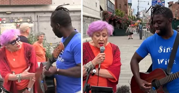 Two panels showing a grandmotherly woman with a street busker, singing karaoke in New York.