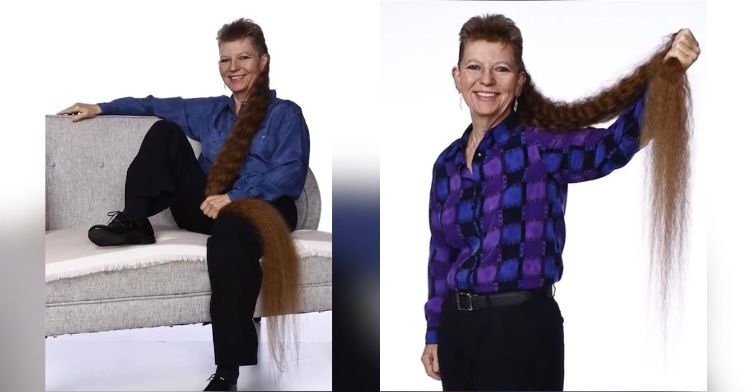 Image shows two views of GWR holder Tami Manis showing off her long mullet hairstyle.