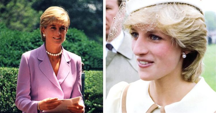 Two images of Princess Diana of Wales. In the left frame she is wearing a pink blazer. In the right frame, she is wearing a cream-colored suit with matching hat.