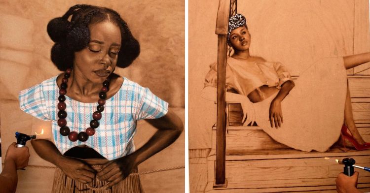 Two images, side-by-side, demonstrating the versatility of pyrography as an art medium.