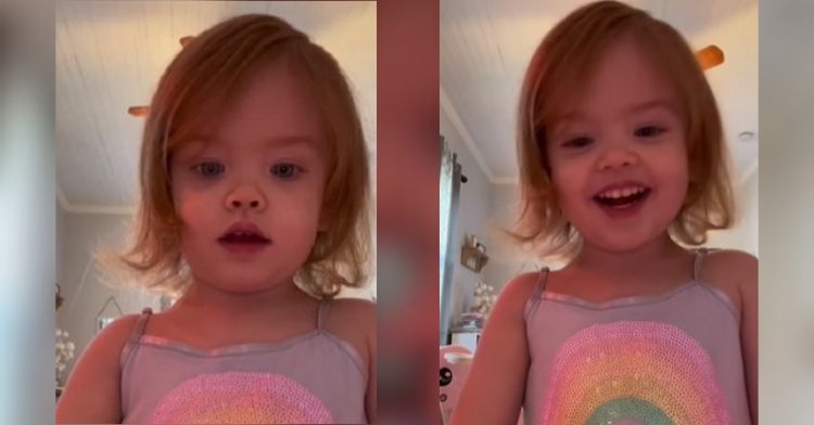 Image shows two views of a toddler as she realizes she is looking at her own image. The spark of self-awareness is evident.