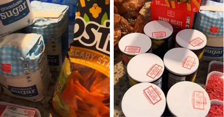 Image shows grocery items purchased, including sugar, tortilla chips, salt, hamburger, and pasta noodles.