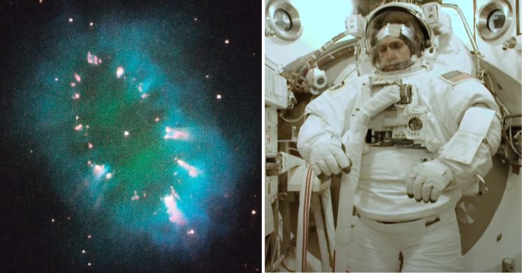 Split image shows the Necklace Nebula on the left and an astronaut in a vacuum chamber on the right.