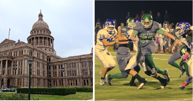Image shows the Texas state capitol and a Friday noght high school football game in side by side panels.