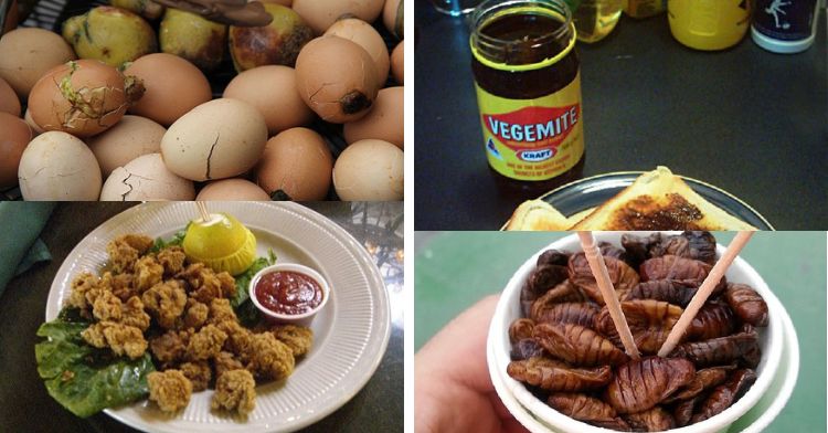 image has four panels, each showing a regional food choice. Balut, Vegemite, Rocky Mountain Oysters, and Beondegi.