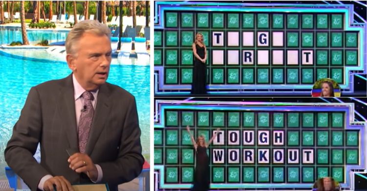 Image shows three panels with host, Pat Sajak in the left panel, and a wheel of Fortune puzzle in the two right panels. One (top) shows the puzzle before solution and the other (bottom) after.