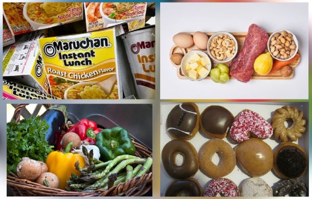 A composite image showing four images of food, including instant Ramen noodles, a meat and cheese tray, a basket full of vegetables, and a box with Krispy Kreme donuts. Gratitude abounds.