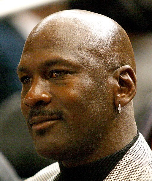 Michael Jordan in a 3/4 frontal head shot from his left. 