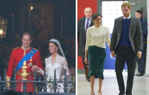 Two-panel image shows Prince William and Kate Middleton in the left frame at their wedding. The right frame shows Prince Harry and Meghan Markle walking hand-in-hand. 