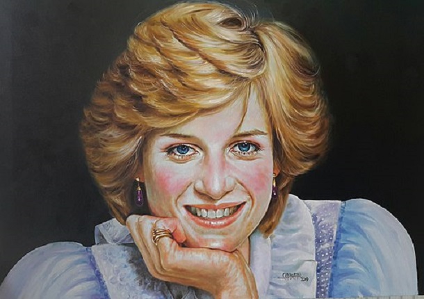 Portrait of Princess Diana wearing a blue chiffon dress and her trademark smile.