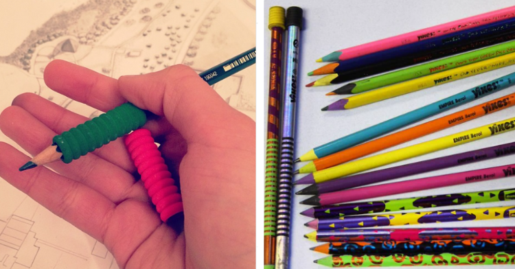 pencil grips on the left, yikes pencils on the right
