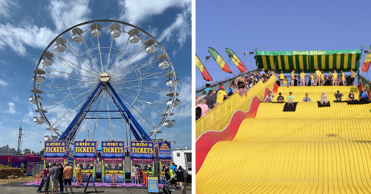 Ferris wheel on the left, giant slide on the right