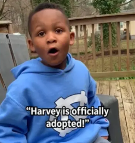 A little boy has his mouth wide open from shock and excitement as he sits outside. Text on the screen reads "Harvey is officially adopted!"