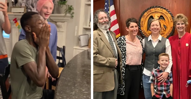 A two-photo collage. The first shows a young man excitedly covering his face with his hands as he sits at a kitchen counter. A younger person stands nearby, mouth open from excitement. The second photo shows Jennifer and Kimberly Hubby smiling and posing with their 5-year-old, Cameron, with two others after he was officially adopted by Jennifer.