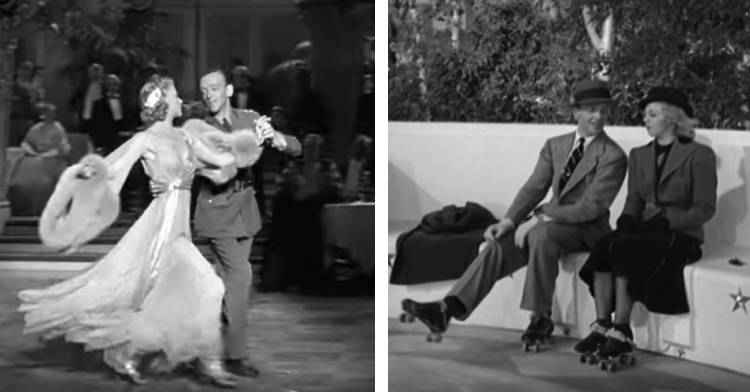 A two-photo collage. The first shows Fred Astaire and Ginger Rogers looking into each others eyes as they dance. The second photo shows the pair sitting down and wearing skates.