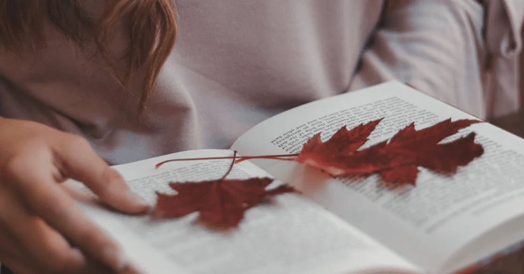 girl reading book with fall leaves