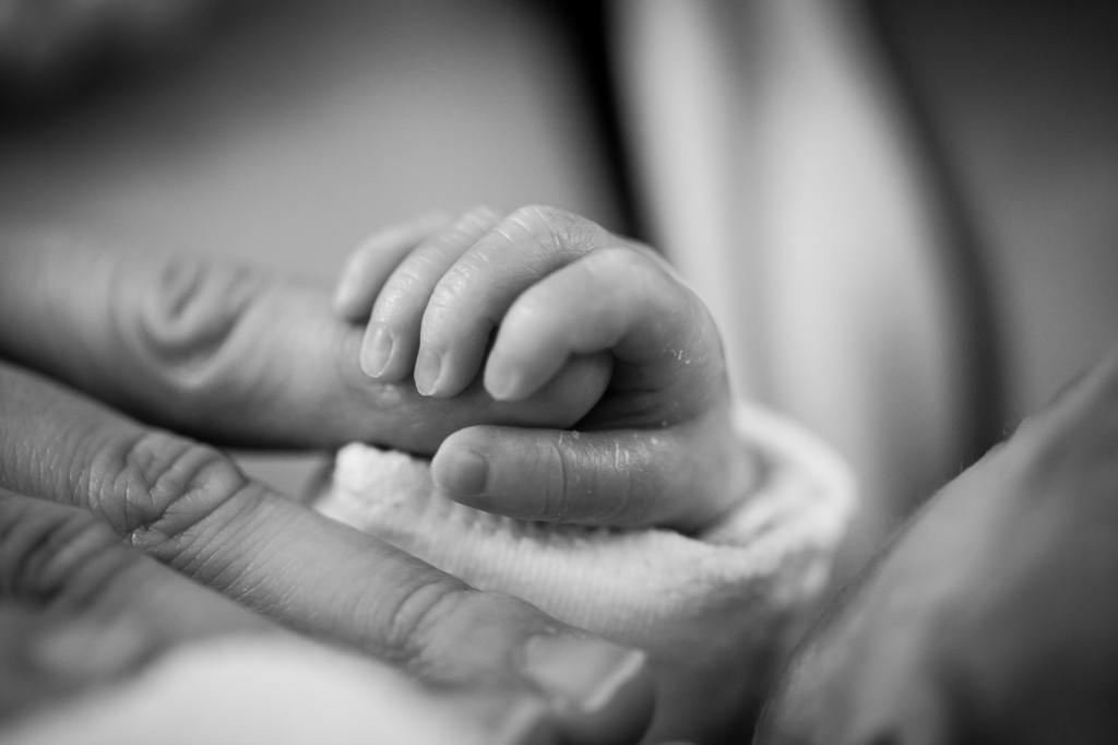 a baby hand holding a grownup's finger