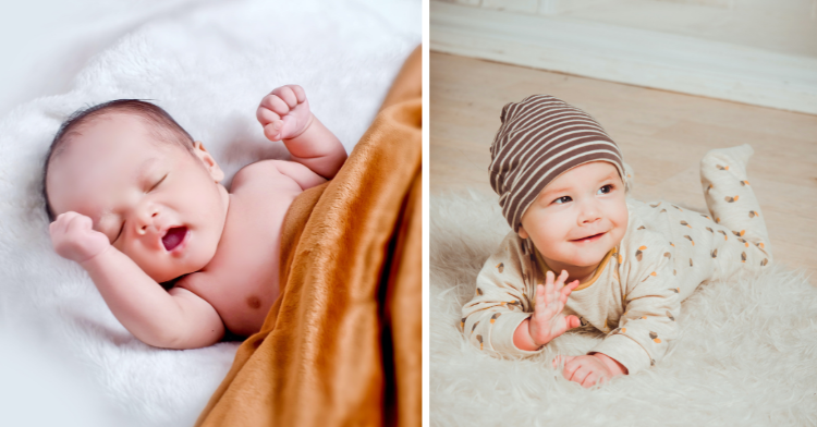 baby in blanket and baby with hat