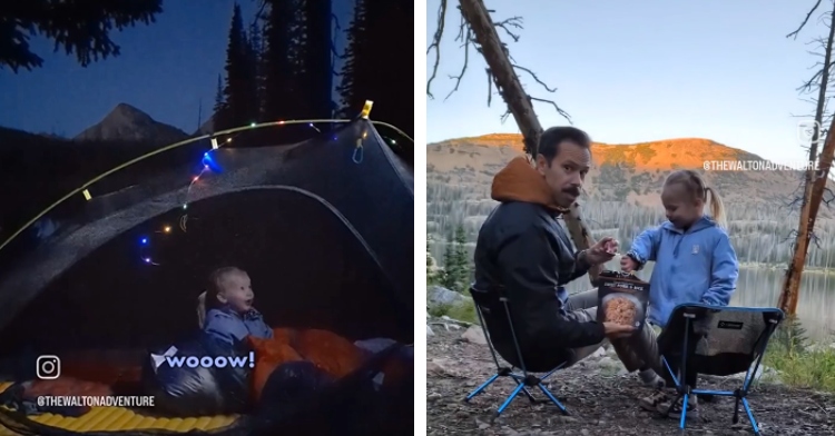 A two-photo collage. The first shows a little girl sitting in a tent at night. Colorful lights are hung on the tent. Trees can be seen against the night sky in the distance. Text on the image shows the little girl saying "Wooow!" The second photo shows the same little girl who is standing next to her dad. He sits in a chair, holding a box of food. In the distance is a lake, trees, and mountains.