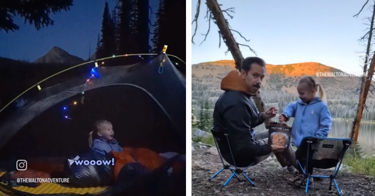 A two-photo collage. The first shows a little girl sitting in a tent at night. Colorful lights are hung on the tent. Trees can be seen against the night sky in the distance. Text on the image shows the little girl saying "Wooow!" The second photo shows the same little girl who is standing next to her dad. He sits in a chair, holding a box of food. In the distance is a lake, trees, and mountains.