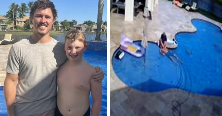 A two-photo collage. The first shows a view from a Ring camera of 12-year-old Austen performing CPR on his therapist, Jason Piquette. The second photo shows Jason Piquette smiling with one arm around Austen, who is also smiling and wearing his bathing suit. They're standing in front of a pool.