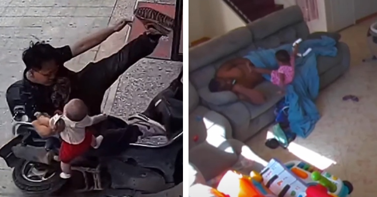 A two-photo collage. The first shows a man starting to fall off a parked motorcycle. One of his legs is in the air and he's holding a baby with one of his hands. The second photo shows a man sleeping on a couch. A baby sits next to him and is starting to fall off the couch.