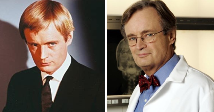 A two-photo collage. The first shows actor David McCallum posing seriously for a photo when he was younger. The second photo shows McCallum older and on "NCIS," posing in character.