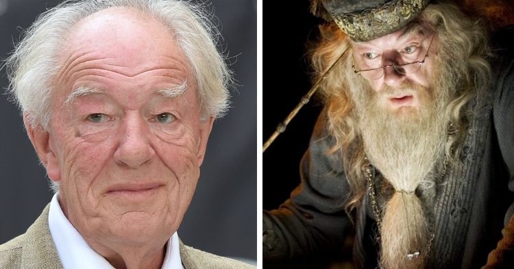 A two-photo collage. The first shows a close up of actor Michael Gambon smiling. The second photo shows Gambon as Dumbledore in "Harry Potter." He looks deep in thought as he holds his wand to his forehead.