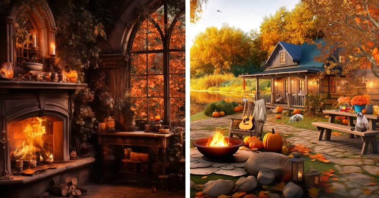 A two-photo collage. The first shows art of the inside of a cozy cottage. There’s a giant fireplace and a massive window with a view of the fall leaves on trees outside. The room is full of random fall-like items, including candles. The hues are on the darker side. The second photo shows an art piece of the outside of a home by some water. There’s a fire pith with a chair nearby that holds a guitar. Pumpkins and a lantern are also nearby. A picnic table with a cat is nearby as well. A second cat is closer to the house.