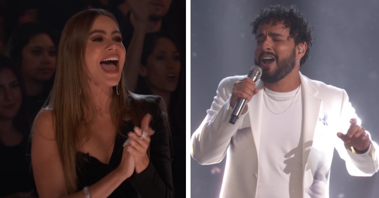 A two-photo collage. The first shows Sofia Vergara standing as she claps and cheers. The second photo shows Gabriel Henrique singing passionately with his eyes closed on "America's Got Talent."