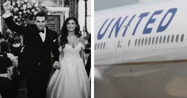 A two-photo collage. The first shows Zachary Lazev and his wife walking down the aisle after getting married. They're both smiling and Zachary has a fist raised in the air in celebration. The second photo shows a view of the side of an airplane that says "UNITED" on the side.