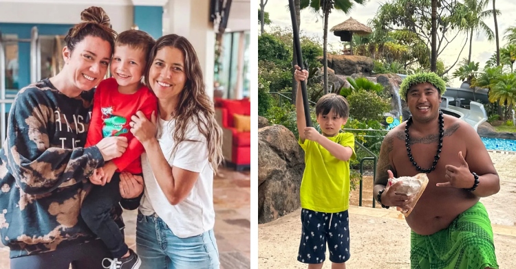 A two-photo collage. The first shows Julian Lin posing with a native Hawaiian outside of a pool. The second shows Julia Bonin and Amanda Leigh Ennis smiling as they hold Amanda's toddler.