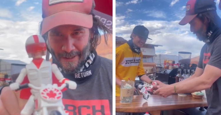 A two-photo collage. The first shows a close up of Keanu Reeves holding up a toy of his "Toy Story 4" character, Duke Caboom, up to the camera. Reeves smiles as he looks at the toy in his hand. The second photo shows Keanu Reeves playing with a toy of his "Toy Story 4" character, Duke Caboom. Duke is on a motorcycle, so Reeves is making him drive it. An Urban Sailor Coffee employee stands behind the counter, smiling wide at the toy.