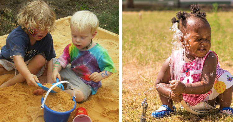 kids in sandbox and girl with sprinkler