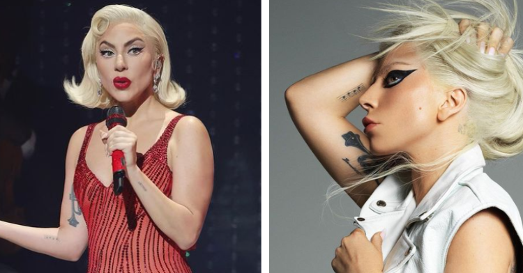 lady gaga in a red dress and lady gaga with black eyeliner