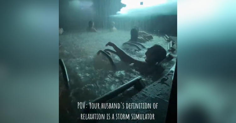 View of people sitting in a pool simulating a lightning storm in QC Termemilano Spa in Milan. Text on the image reads: "POV: Your husband’s definition of relaxation is a storm simulator."