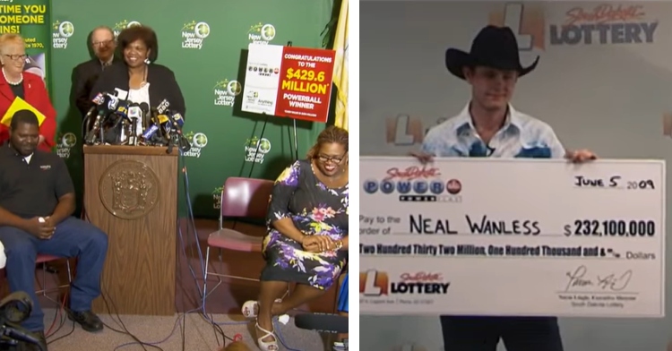A two-photo collage. The first shows Perlie Mae Smith's family sitting around at a press conference after winning the lottery. The second photo shows Neal Wanless smiling as he wears a cowboy hat and poses for photos with a giant check showing he won the lottery.