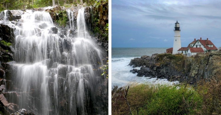 A two-photo collage. The first shows a massive waterfall in Acadia National Park in Maine. The second photo shows a view of a mountain side next to the ocean in Maine. On the mountain are buildings, including a lighthouse.