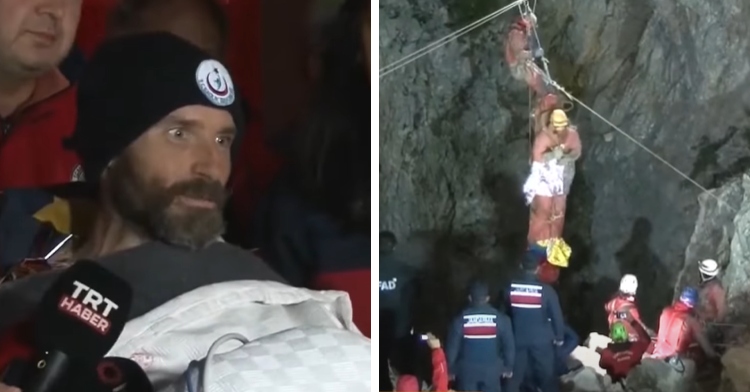 A two-photo collage. The first shows Mark Dickey smiling as he sits in a stretcher. He is talking to the media after being rescued from Morca Cave. The second photo shows several people standing around the opening of Morca Cave as Mark Dickey is raised above the opening. He's being lifted out.