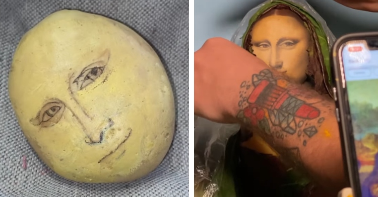 A two-photo collage. The first shows a close up of a potato that has a face drawn on it. The second is a view of someone touching up a "Mona Lisa" replica made out of potatoes, but the view of the art is obscured by the person's arm.
